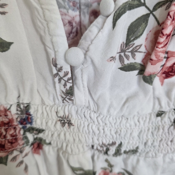 Floral V-Neck Summer Dress - White with Pink Rose Print - Picture 5 of 7